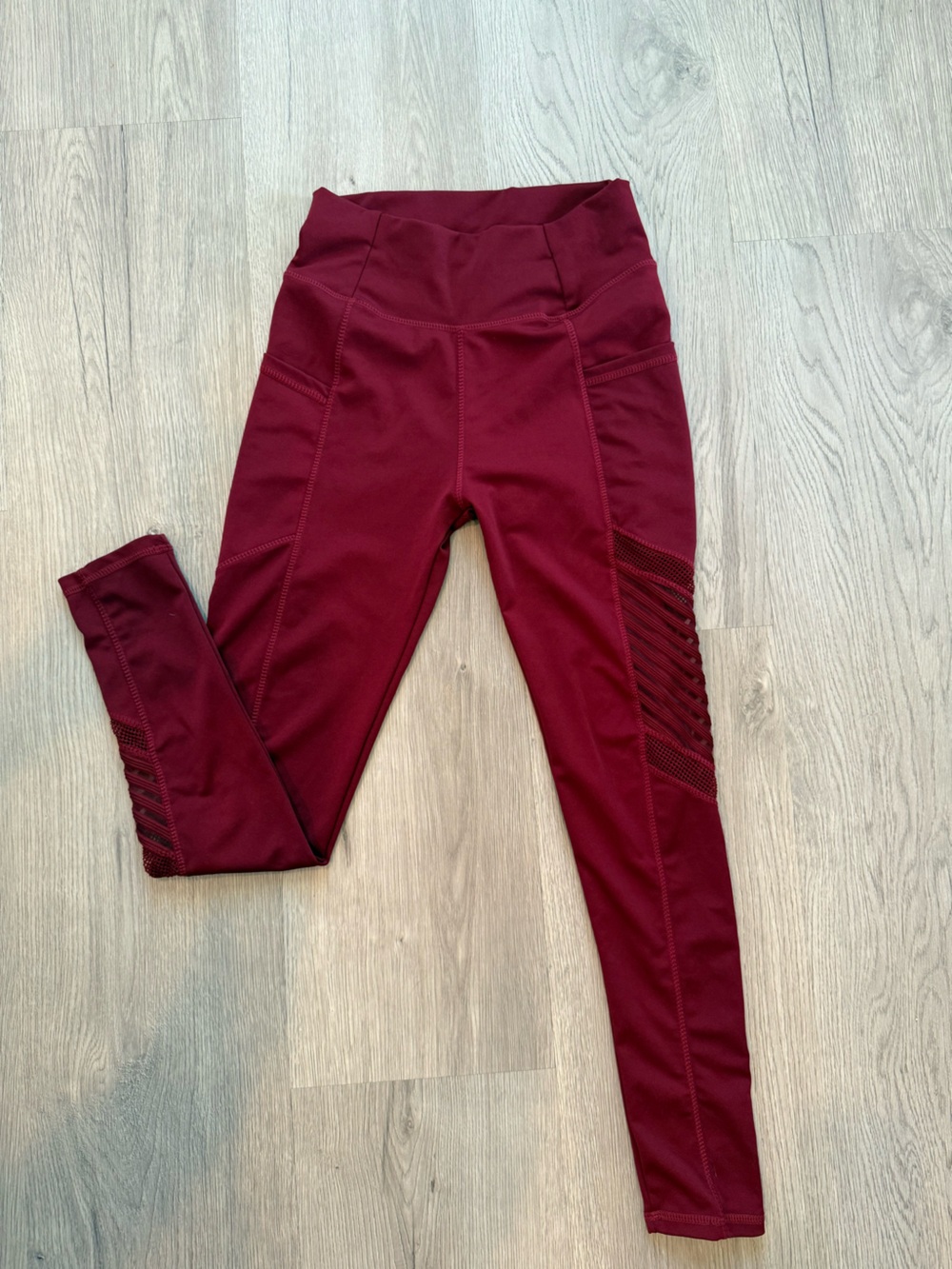 Burgundy Athletic Leggings with Side Mesh Panels
